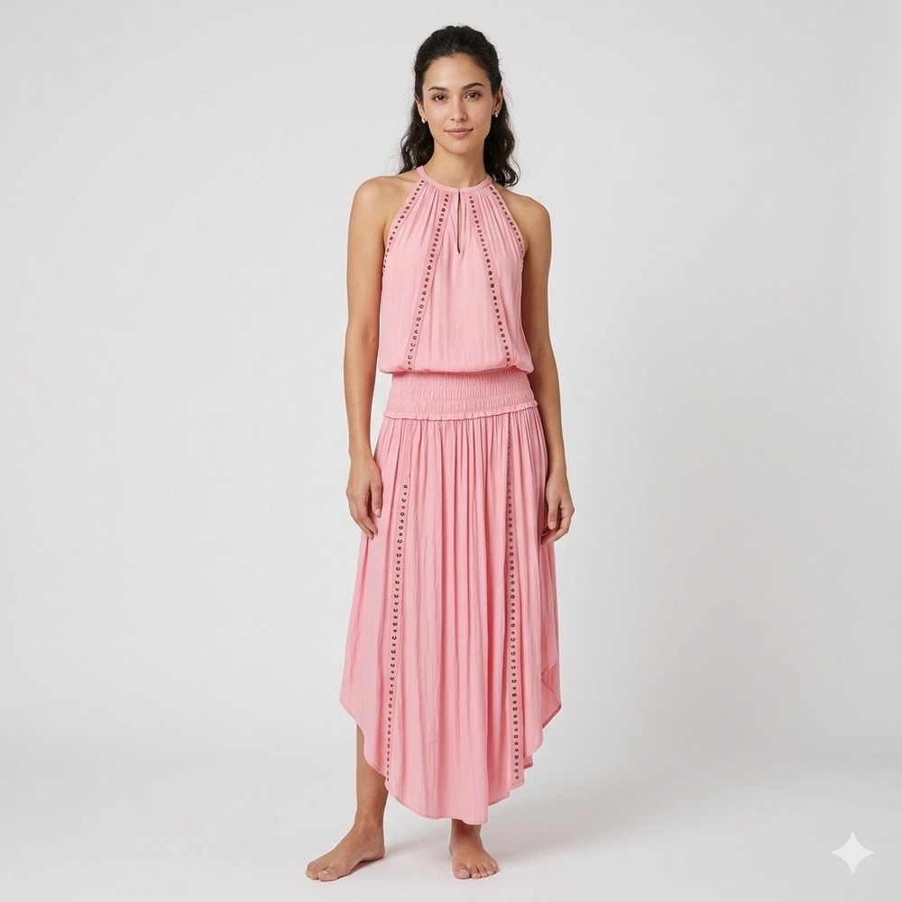 NEW Ramy Brook Farah Dress Coral Pink Studded Halter Midi High-Low Size XS